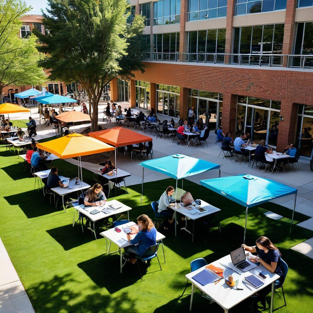 A vibrant college campus scene featuring diverse students engaging in various activities like studying, networking, and participating in workshops. Include elements like textbooks, laptops, and a bustling student center that showcases collaboration. Bright banners illustrating 'Essential Resources' and 'Networking Tips' flutter in the background, creating an inviting atmosphere. super-realistic. vibrant colors. outdoor scene.