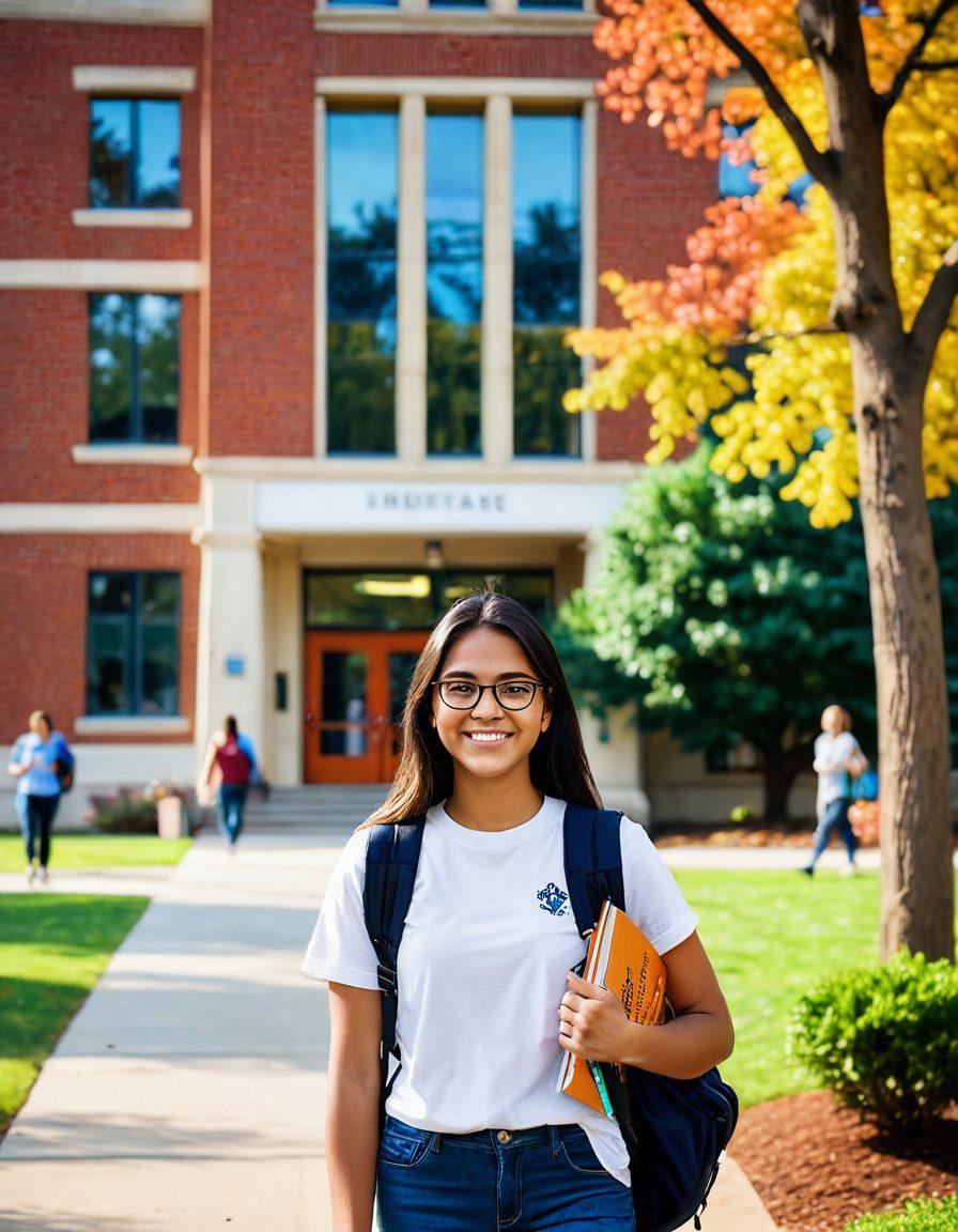 A confident first-year student holding a backpack and a stack of books, standing in front of a vibrant university campus with diverse students walking around. Include elements of a cozy library in the background, motivational posters on the walls, and colorful trees to represent the changing seasons. The student should have an enthusiastic expression, symbolizing excitement and readiness for the college journey ahead. super-realistic. vibrant colors. soft focus.