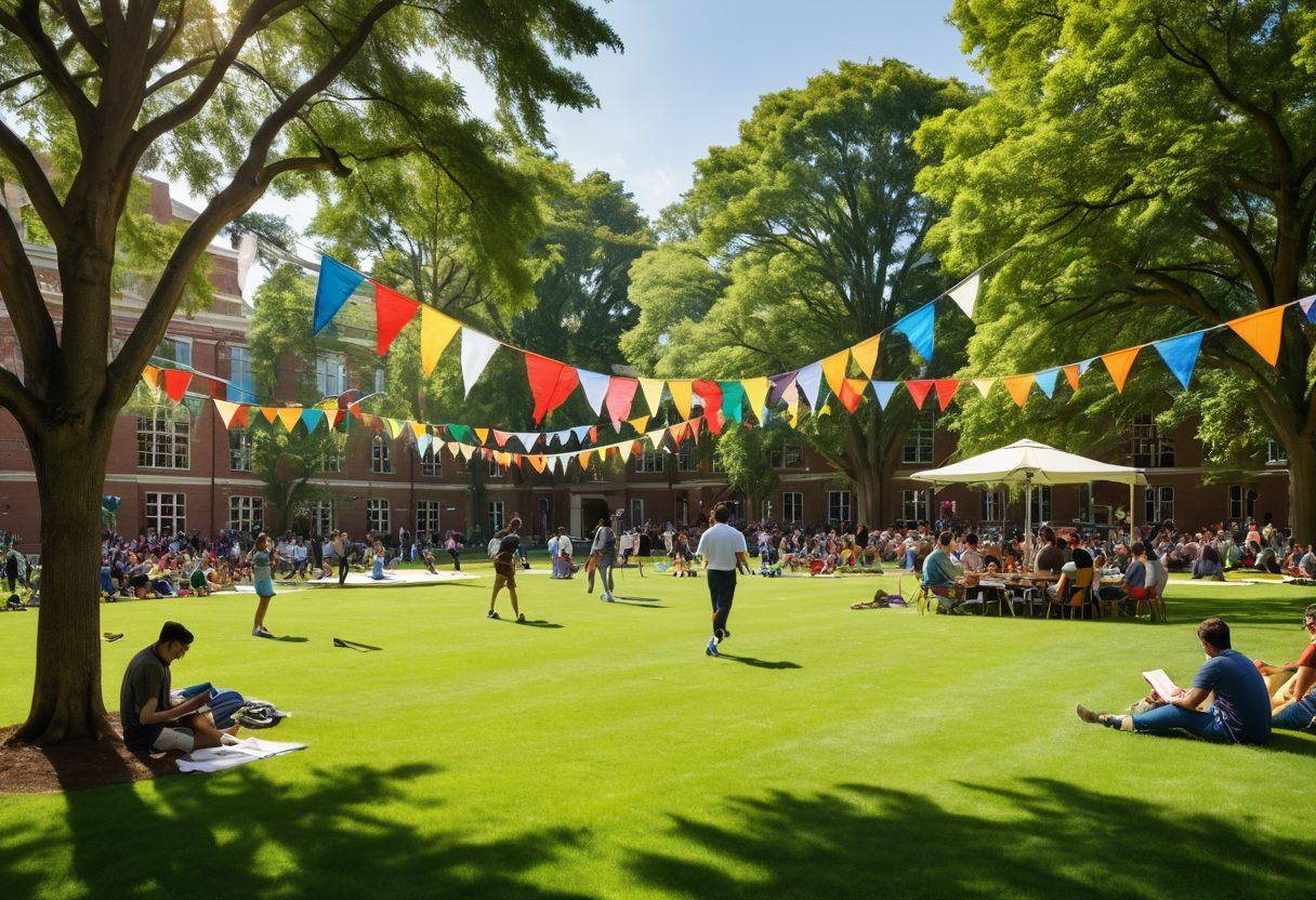 A vibrant campus scene showcasing diverse students actively participating in various activities like outdoor sports, study groups, and cultural events. Include a backdrop of university buildings and greenery, with laughter and camaraderie as key themes. Capture a sense of community and support amongst peers, with groups interacting joyfully. Bright colors highlighting energy and enthusiasm. super-realistic. vibrant colors.